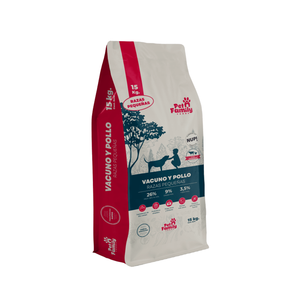 PET FAMILY PERRO ADULTO RAZAS PEQUEÑAS VACUNO Y POLLO  15 Kg